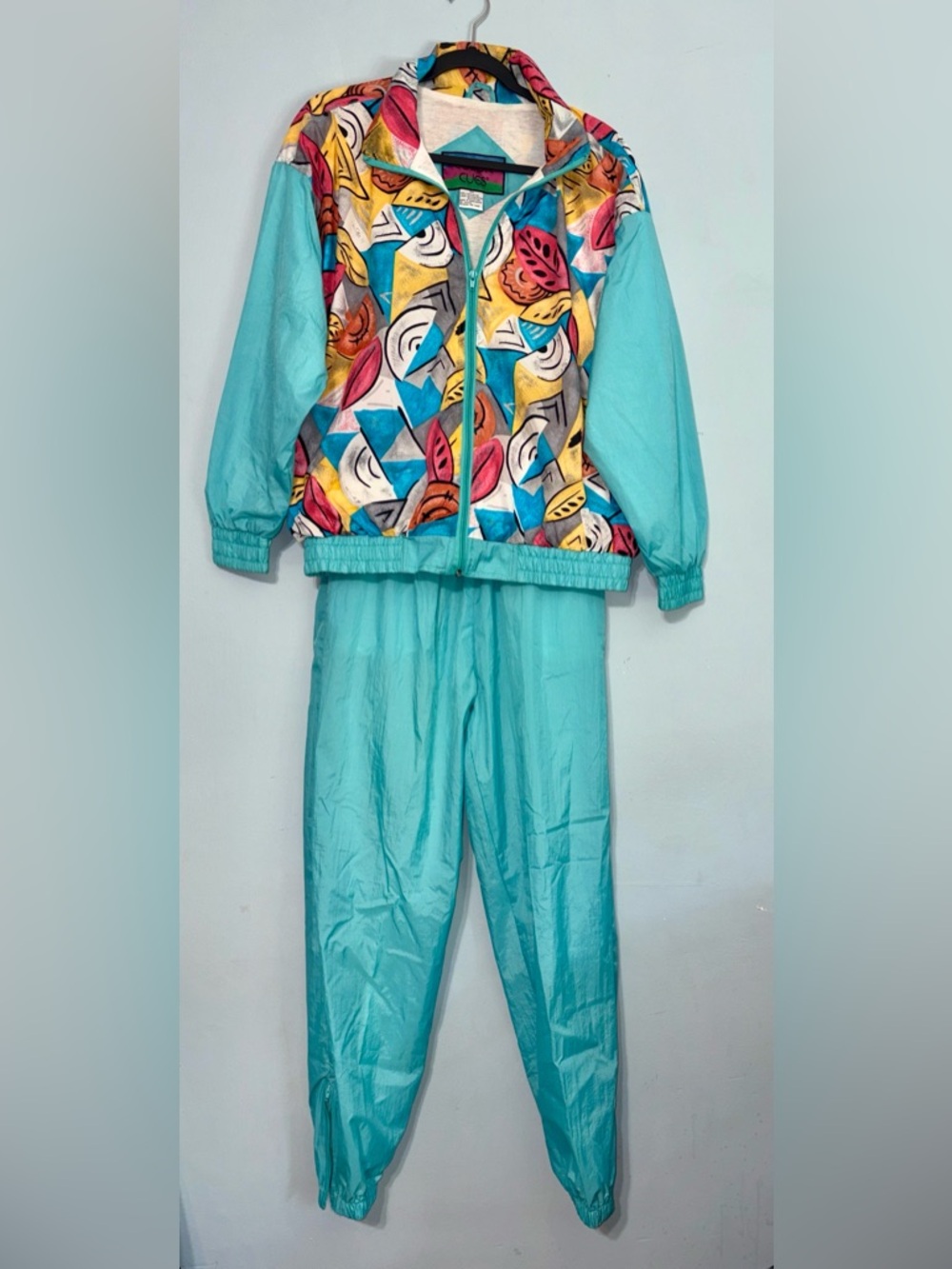 Vintage 80s 90s Color Cues Teal Nylon Tracksuit Set windbreaker set Retro sports